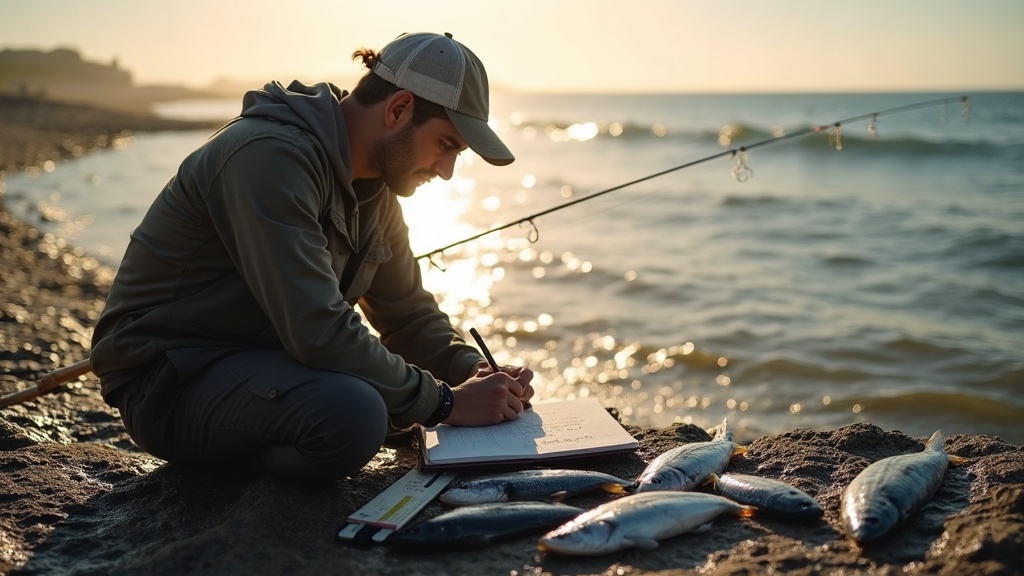 Pescador anotando sus capturas del día junto a una regla de medir peces en la orilla