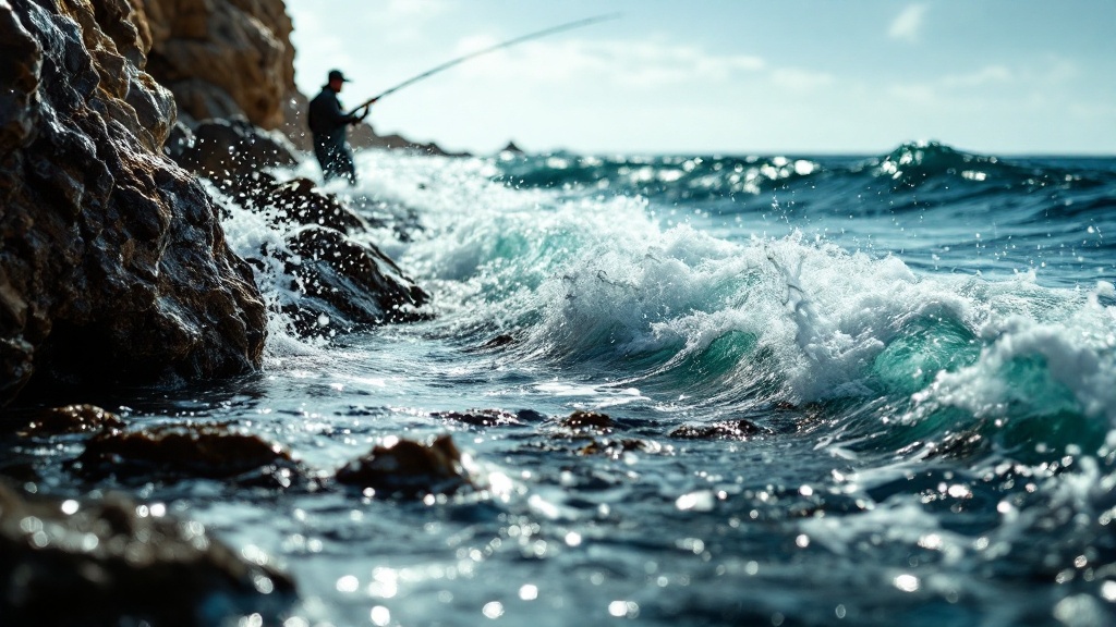 Equipo de pesca de fondo: caña sobre portacañas, carrete y caja de plomos en un muelle