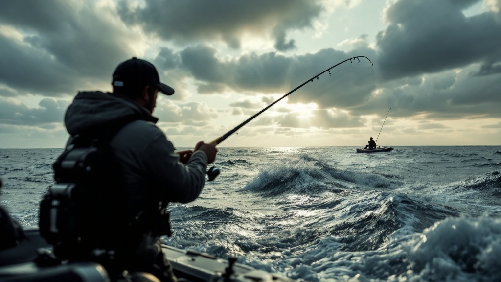 Pescador a spinning desde kayak frente a una costa rocosa, con caña doblada