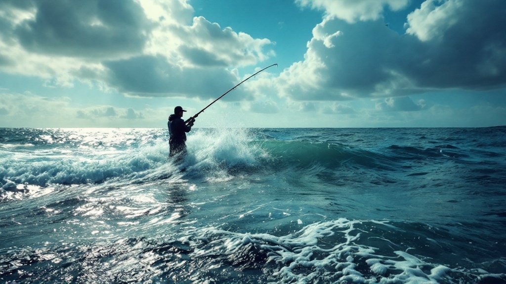 Primera salida de pesca — pescador con mochila preparada en la orilla al amanecer