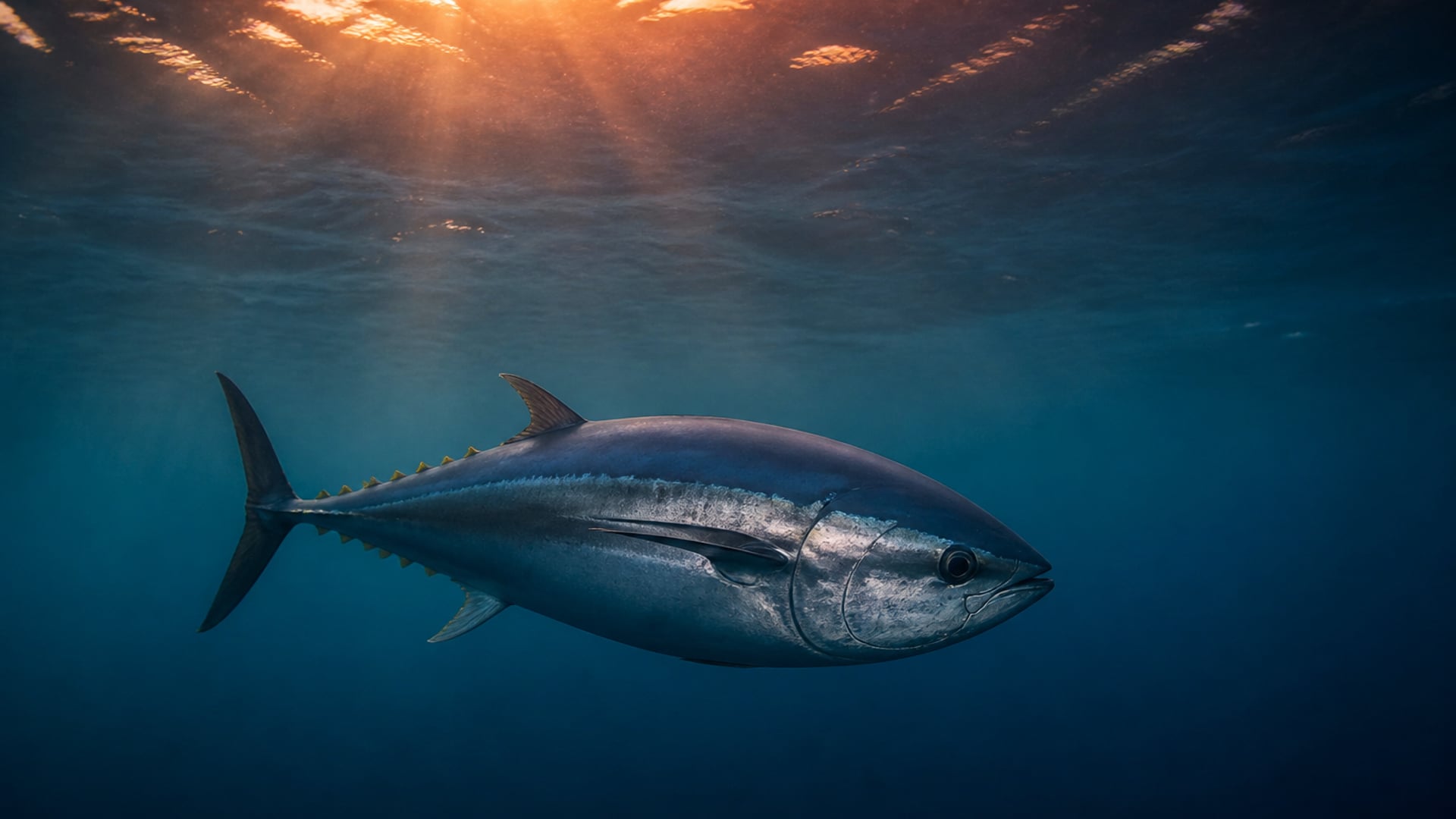 Atún rojo nadando bajo la superficie del mar