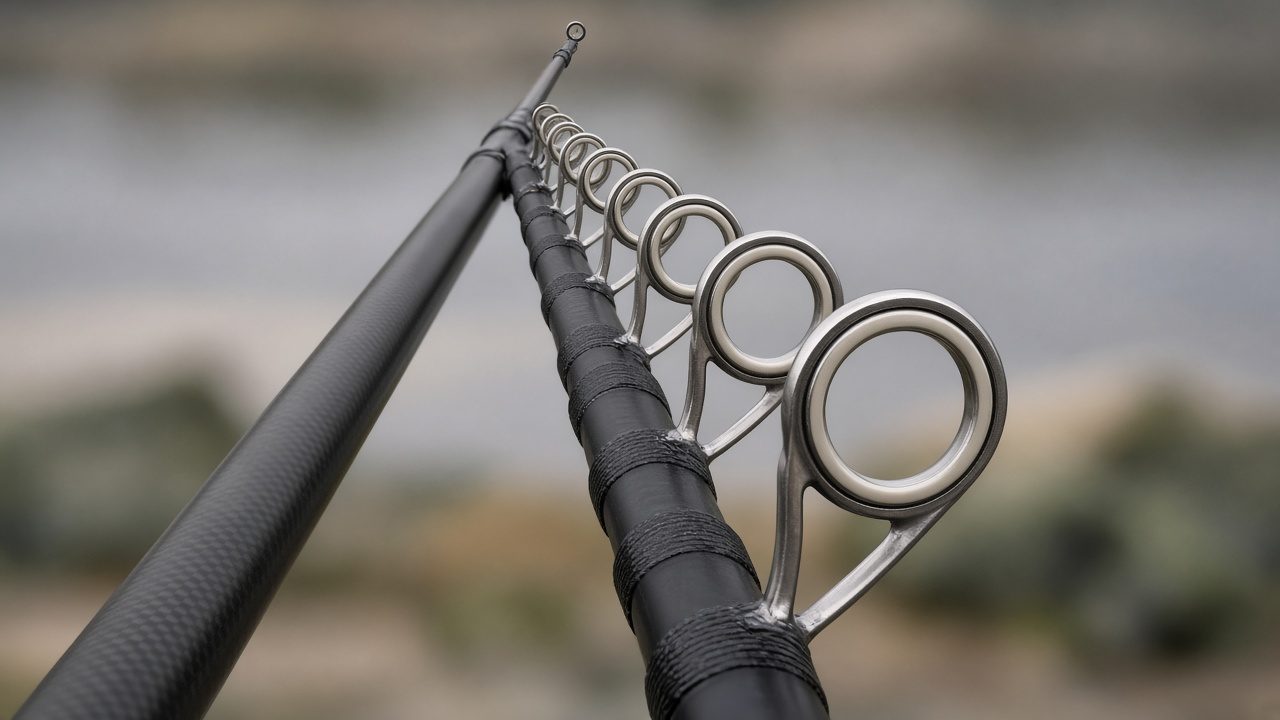Detalle de las anillas y el portacarretes de una caña de pescar a contraluz