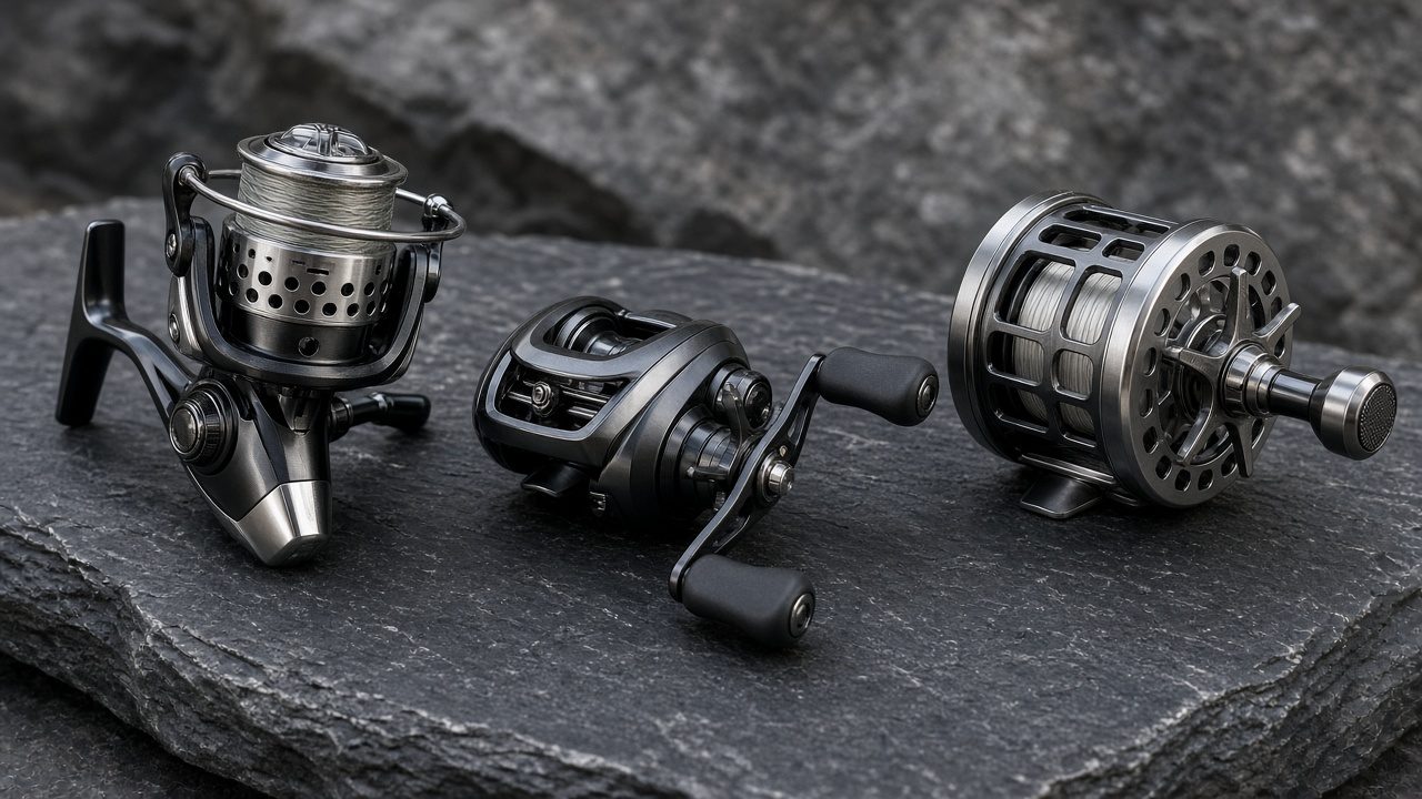 Tres tipos de carrete de pesca comparados: frontal de spinning, baitcasting de bajo perfil y rotativo convencional