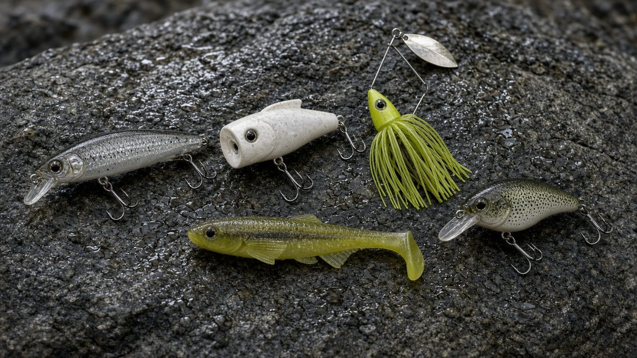 Selección de los mejores señuelos de pesca: vinilos, jigs, cucharillas y poppers en una caja