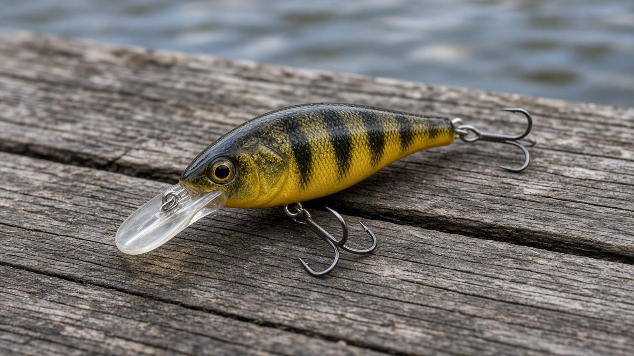 Crankbaits, minnows y jerkbaits de distintos tamaños y palas sobre una caja de señuelos
