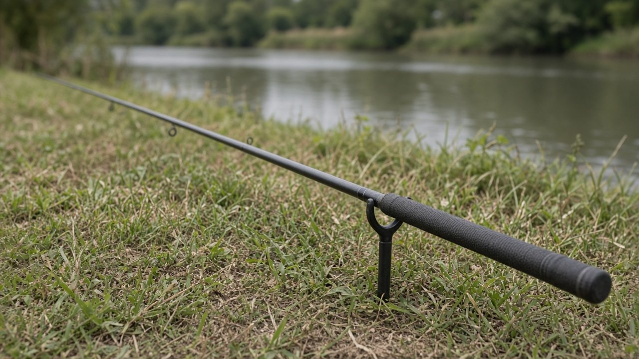 Tres cañas de carpfishing sobre un rod pod apuntando a un gran embalse al amanecer