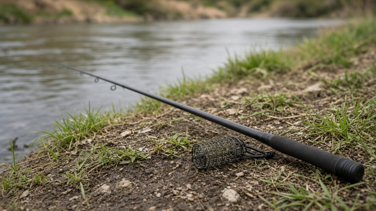 Caña de feeder con puntera quiver sobre soporte apuntando a un embalse en calma