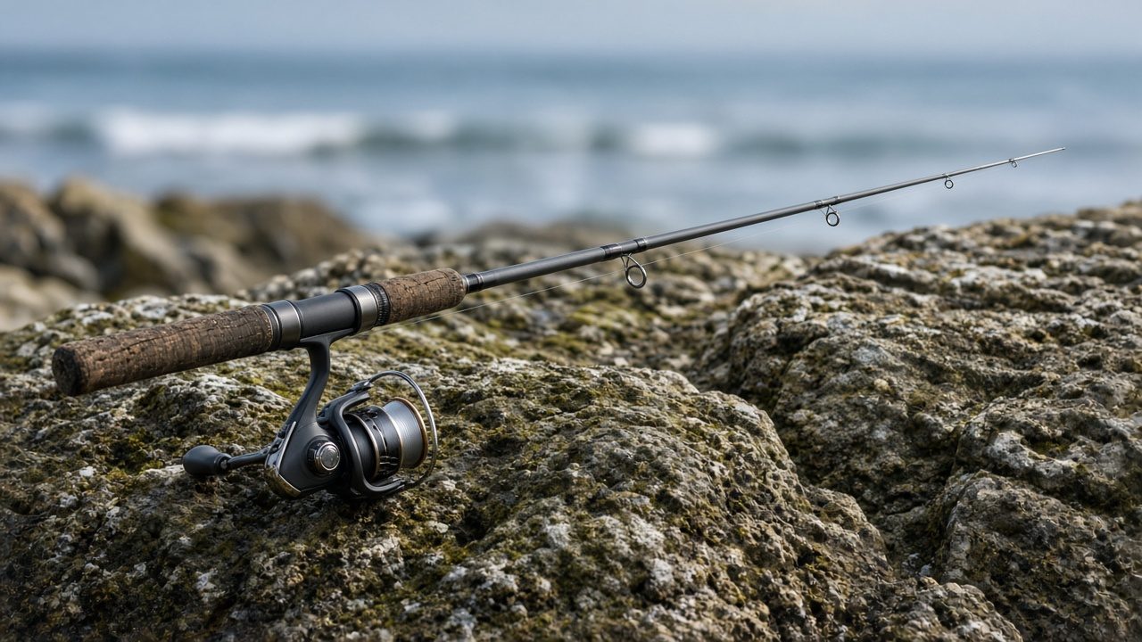 Caña ligera de rockfishing con vinilo pequeño montado sobre las rocas de la costa