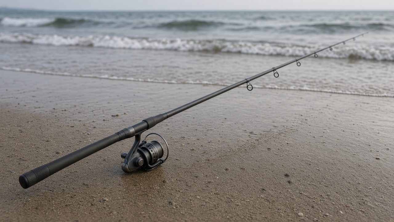 Cañas de surfcasting en sus soportes en la playa al atardecer, listas para pescar a distancia