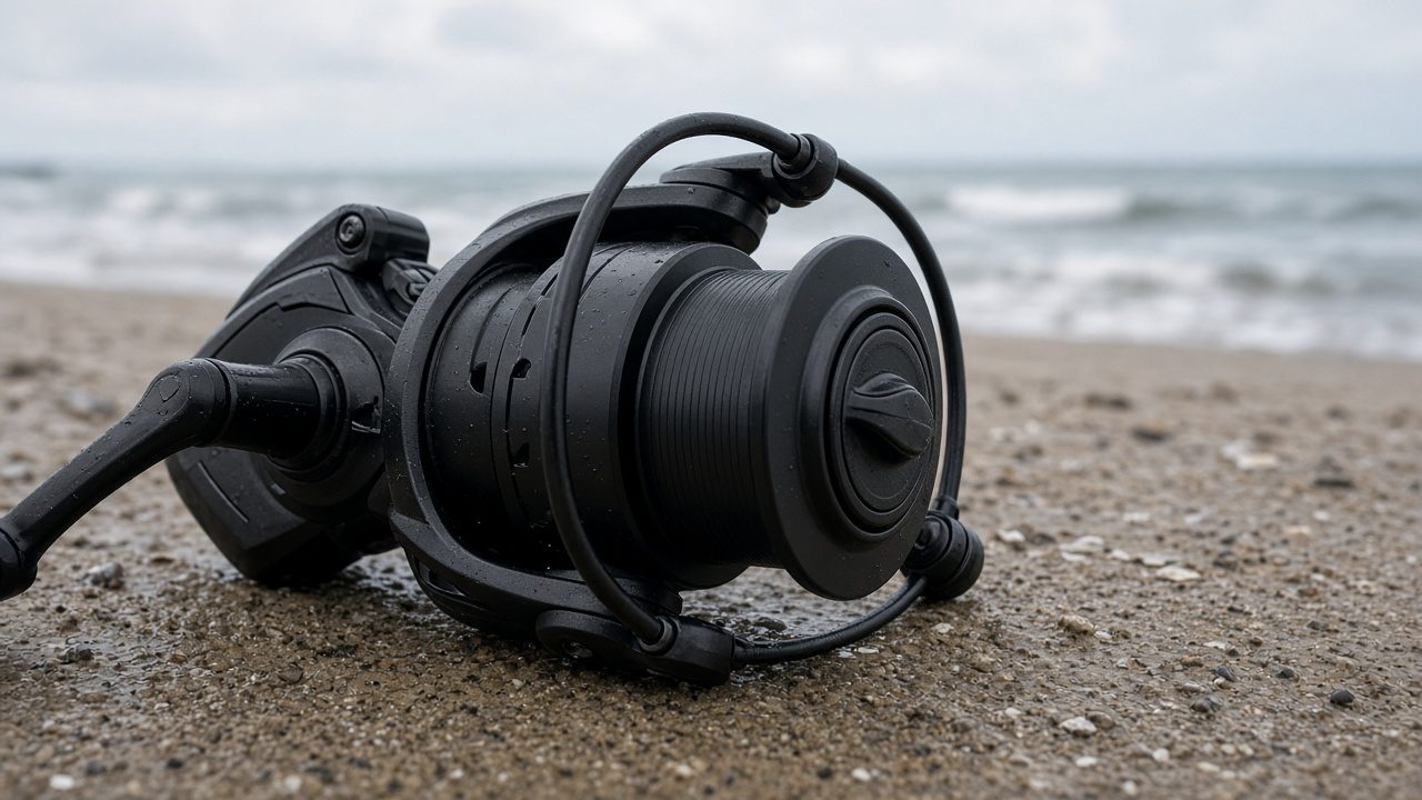 Carrete de surfcasting de bobina long cast montado en caña de playa, comparativa de mejores carretes de surfcasting