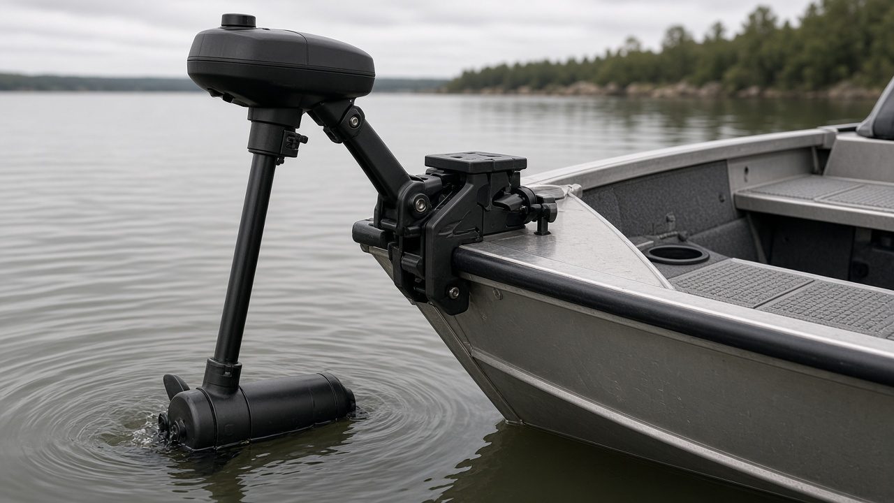 Motor eléctrico de proa con GPS en una barca de pesca, manteniendo posición sobre estructura