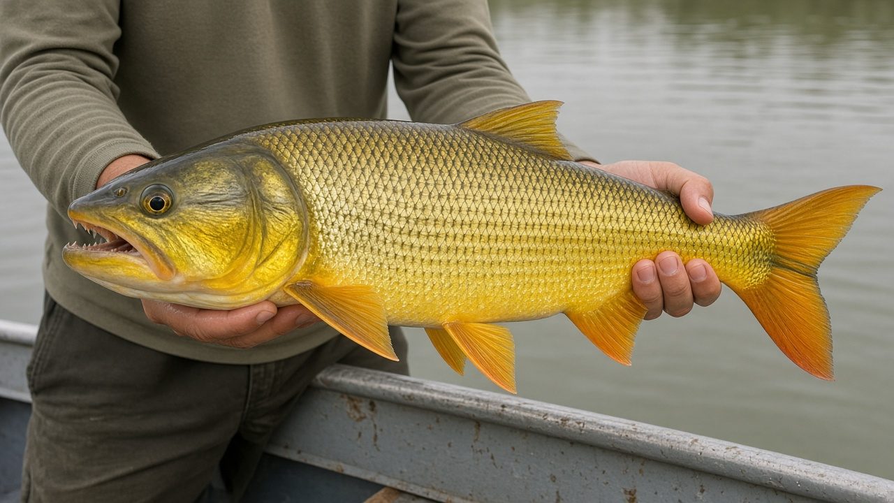 Dorado (Salminus brasiliensis) saltando fuera del agua durante la pelea, con su color dorado característico