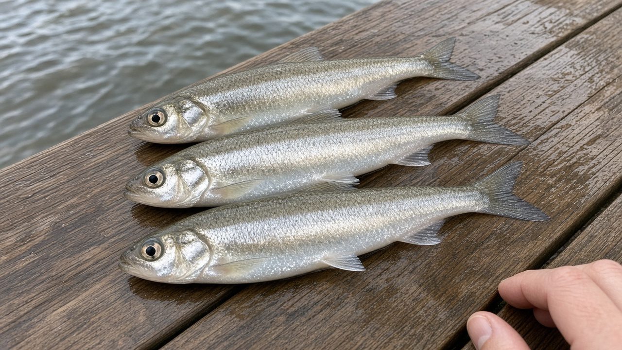 Pejerrey (Odontesthes bonariensis), pez plateado y alargado, junto a una línea de boyas de pesca
