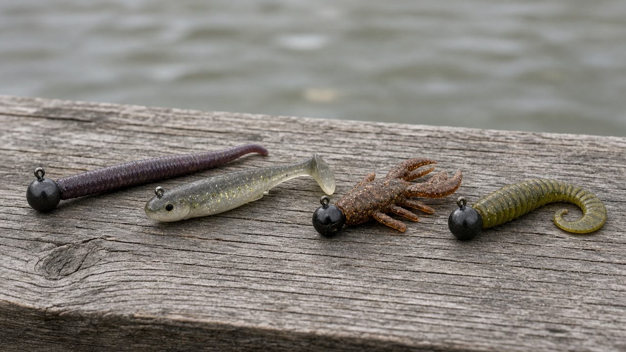 Surtido de vinilos de pesca de distintas formas y cabezas plomadas sobre una caja