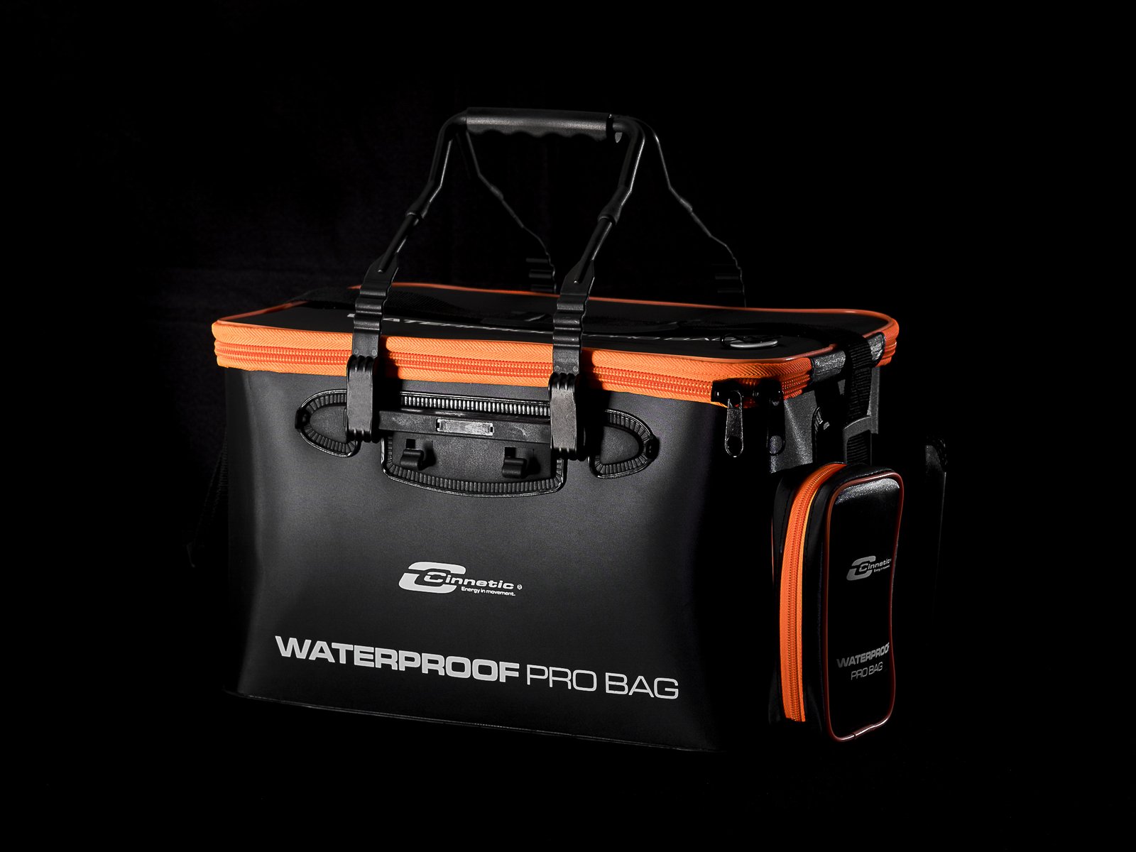 Bolsa rígida de EVA Cinnetic Waterproof Pro Bag naranja y negra con bolsillo para oxigenador