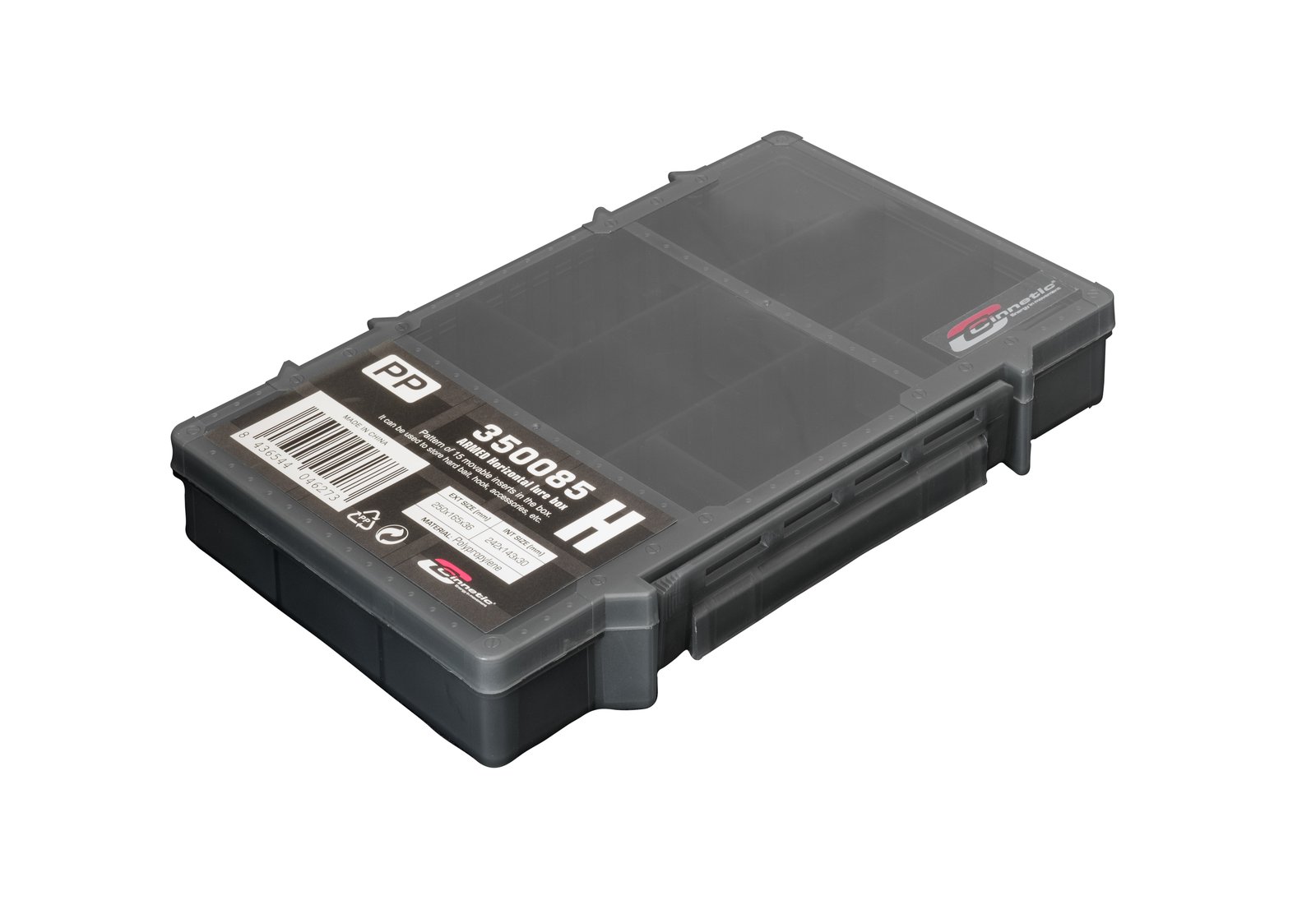 Caja de polipropileno gris humo Cinnetic Armed Horizontal Lure Box con separadores móviles
