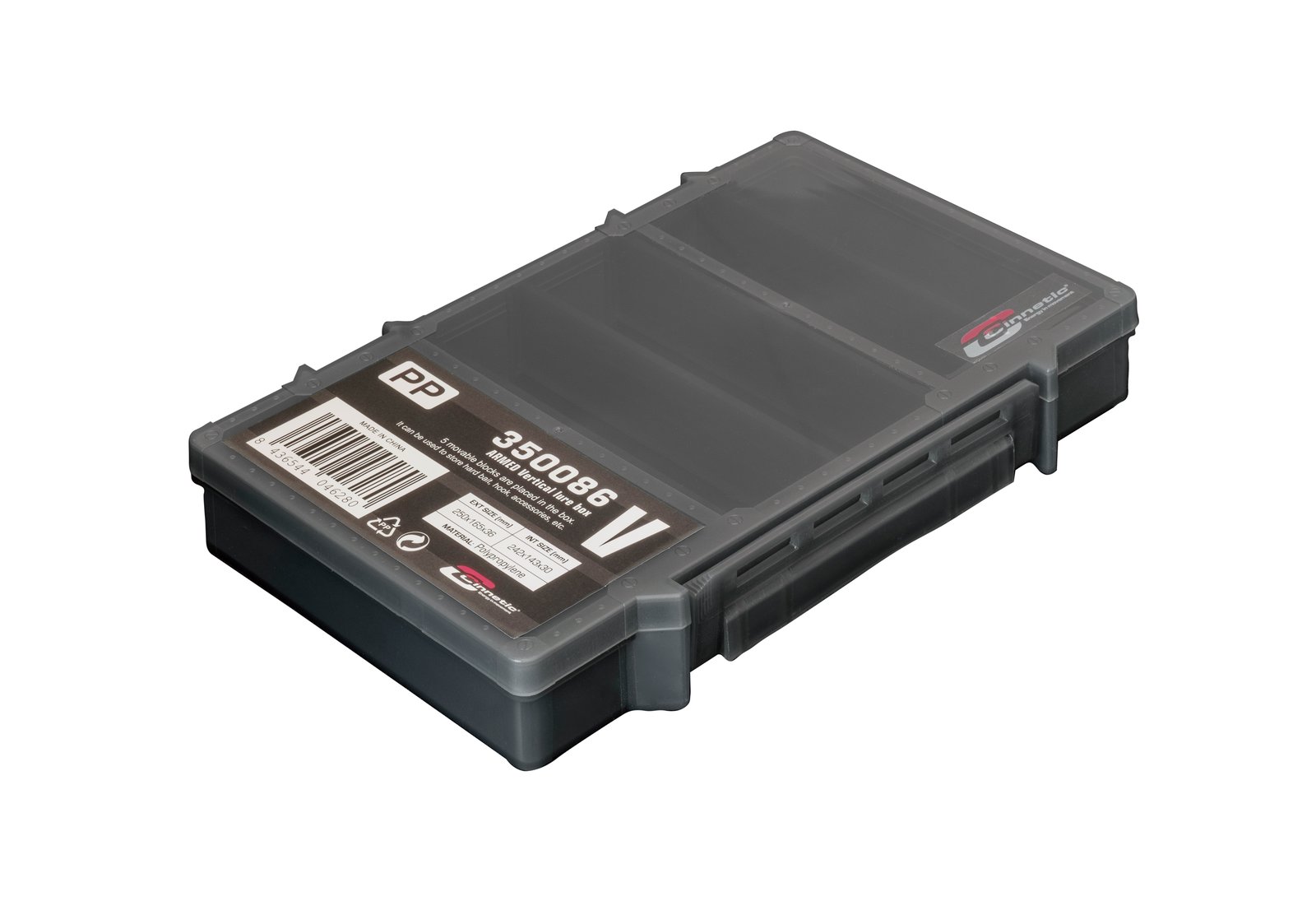 Caja de polipropileno gris humo Cinnetic Armed Vertical Lure Box con compartimentos amplios