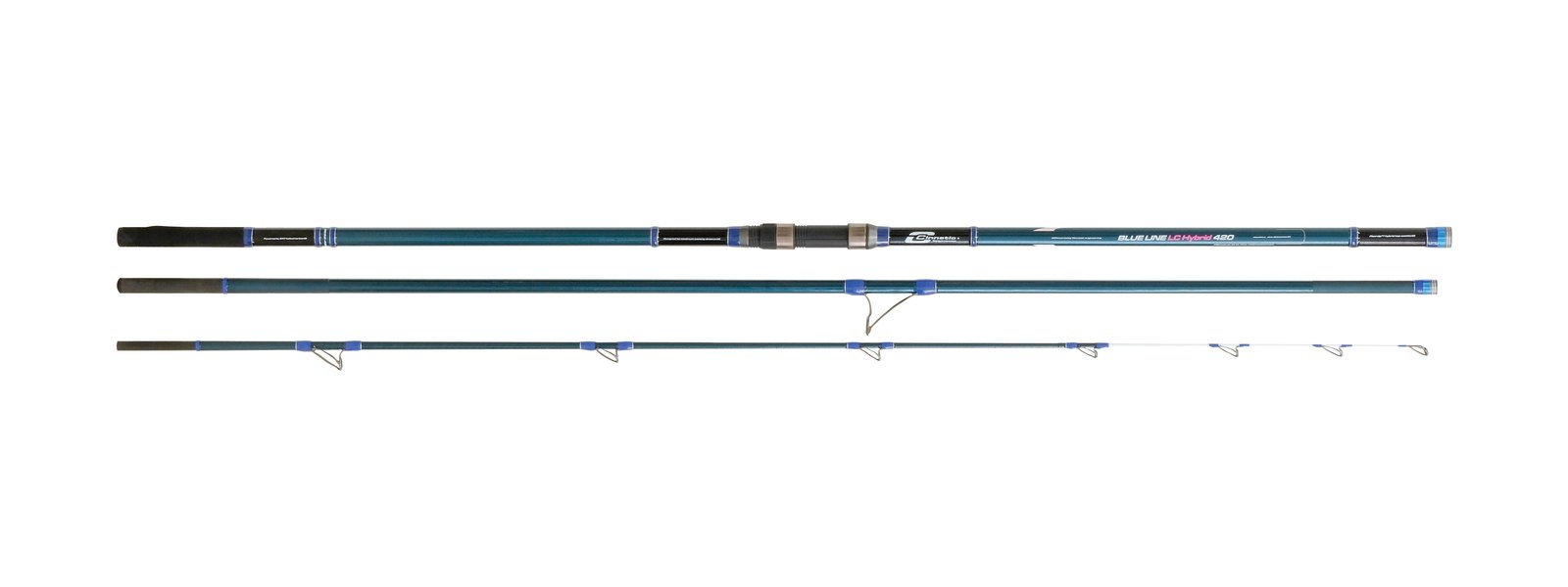 Caña de surfcasting Cinnetic Blue Line LC Hybrid de 4,20 m con puntera híbrida y anillas Low rider
